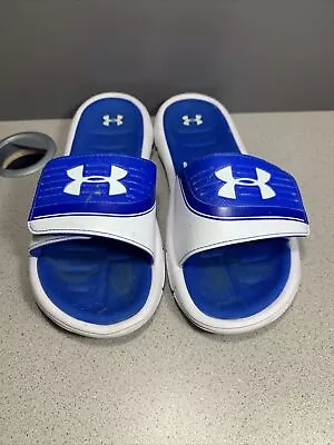 Under Armour Sandals Mens Size 7 White Blue 4D Foam Slides Adjustable • $19.99