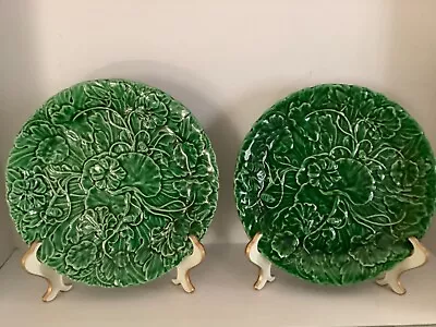 Vintage Pair The Haldon Group 1983 Majolica Pottery Geranium 8” Green Plates • $26.24