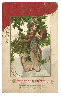 Vintage Christmas Postcard Sweet Lady In Dress Hands In Muff GERMANY John Winsch • $2.25