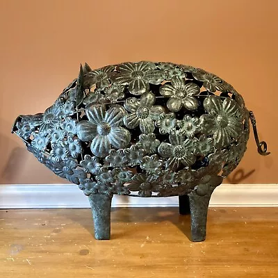 LRG Pig Garden Statue Ornament Filigree Flower Pattern Metal In Verdigris Green • $55