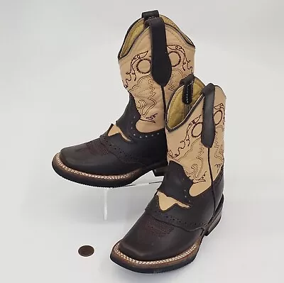 White Diamonds Boots Kid Sz 8.5(15.5MX) Brown Cream Leather Rodeo Western Cowboy • $79.99