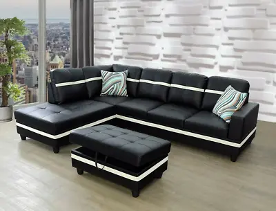 *SALE* Unique Black Sectional W/ Storage Ottoman Faux Leather & 2 Accent Pillows • $879.99