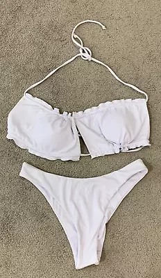 Zaful Bikini 2 Pc Swimsuit Women Size L (8) White Ribbed Knit Bandeau High Cut • $24.94