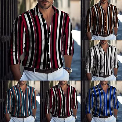 Stylish Mens Casual Stripe Shirt Muscle Fitness Long Sleeve (62 Characters) • £11.76