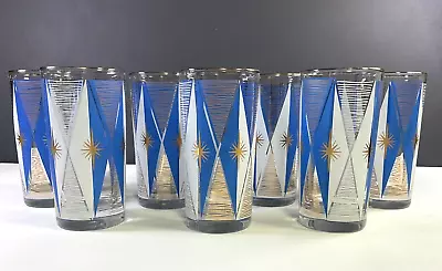 MCM Libbey Atomic Starburst Highball Glasses Blue & White 22k Gold Set Of 7 VTG • $194.99