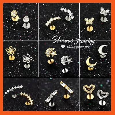 Fancy Crystal Ear Climber Cartilage Labret Tragus Stud Ring Bar Piercing Earring • $7.72