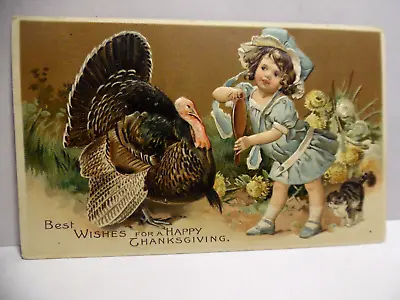 $6.99 • Buy Pc 2630 - Thanksgiving Postcard - Girl And Her Cat With Turkey