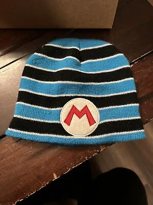 Super Mario Brothers Beanie Cap Winter Hat Ski Black/Blue Stripes Nintendo • $9.90