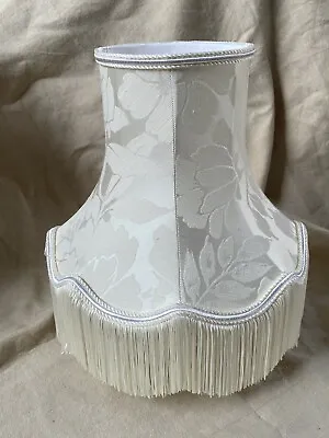 Preloved Fringed Vintage Ivory Satin Damask Scalloped Bell Lamp Shade - Lined  • £35