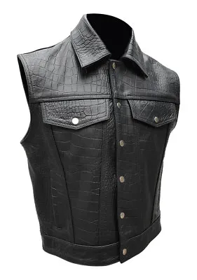 Mens Black Alligator Crocodile Print Leather Motorcycle Biker Vest Waistcoat • £64.99