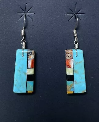 Santo Domingo Turquoise Spiny OysterJet Mosaic Dangle Earrings - Mary Tafoya • $75