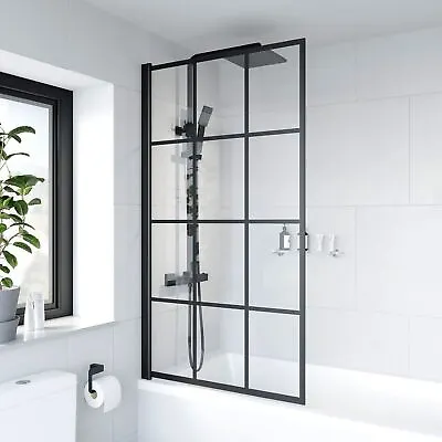 £84.99 • Buy Bath Shower Screen Door Hinged 780mm Framed Black Grid Square Safety Glass Panel