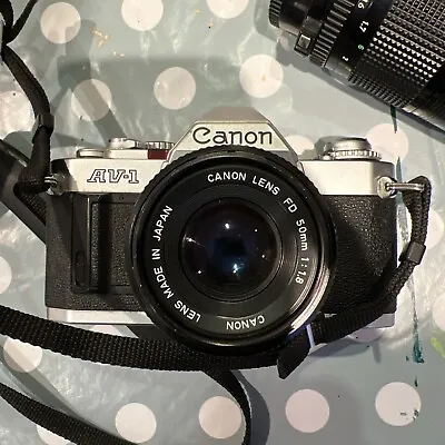 Canon AV-1 SLR FILM CAMERA W/ Canon FD 50mm F/1.8 Lens & 135mm 3.5 FILM TESTED. • £90