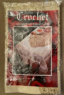 Vintage Crochet Tablecloth Deluxe Vinyl 30 X48  Fine Lace Gold Cream JS-1001 • $7.99