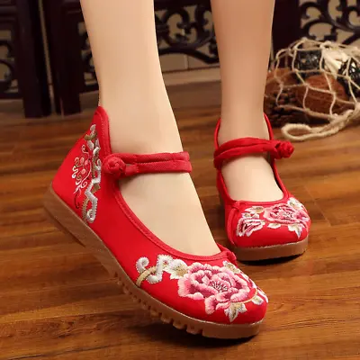£25.09 • Buy UK7.5 Womens Handmade Chinese Embroidered Flower Shoe Mary Janes Low Heels Shoes