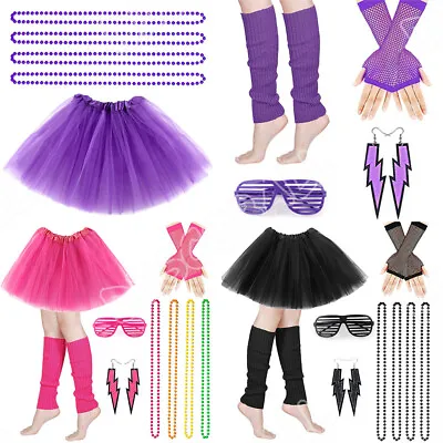 £8.99 • Buy Neon UV Tutu Set Skirt Gloves Leg Warmers Beads Womens 80s Fancy Dress Costume