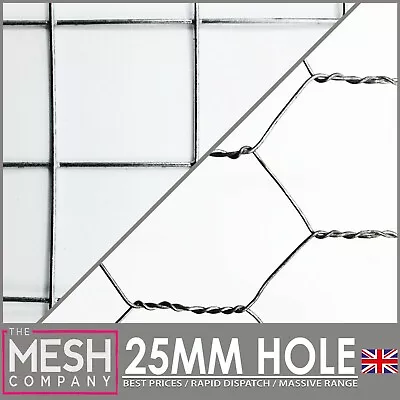 25mm Galvanised Welded & Chicken Rabbit Wire Mesh 1  X 1  Square & Hex Holes • £8.99