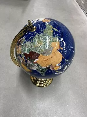 World Globe Inlay With Gold Trim W/ Semiprecious Gems With Brass Stand. 40”c • $179
