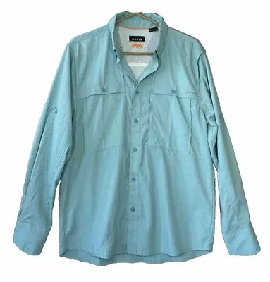 Orvis Mens Button Up Long Sleeve Shirt Size M Roll Tab Sleeve Pockets Teal Blue • $27.98