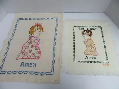 2 Finished Cross Stitch Amen Praying Little Girl Pink Dress & Boy God Is All • £13.15