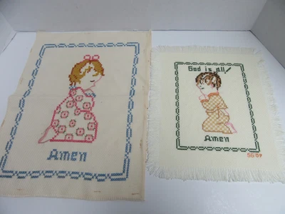 2 Finished Cross Stitch Amen Praying Little Girl Pink Dress & Boy God Is All • £13.15
