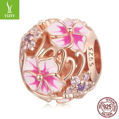 Fashion S925 Sterling Silver Cherry Blossom Rose Gold Beads Pendant Charm Gifts • $14.14