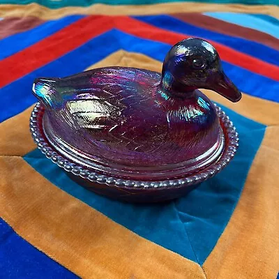 Vintage Westmoreland Carnival Glass Duck  Hen  On Nest Covered Dish Red Amberina • $65