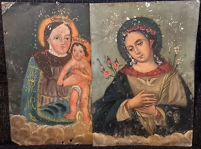 Lot Of 2 Religious Oil Paintings On Tin- Latin/Mexican School- Possible Antique • $206.50