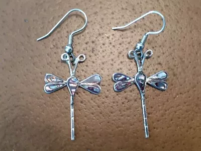 Vintage Sterling Silver & Abalone Dragonfly Earrings Mexico • $14.95