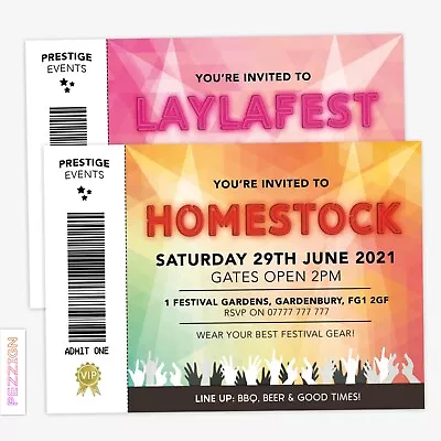 Personalised Music Festival Themed Birthday Garden Party Invitations VIP Ticket • £14.99