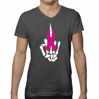$10.95 • Buy Pink Skeleton Middle Finger Breast Cancer Awareness Month Men's V-Neck T-Shirt