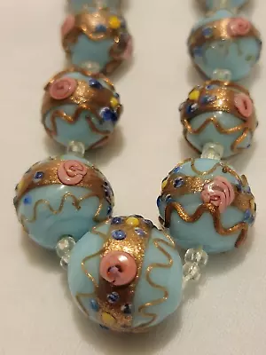 MURANO VENETIAN VINTAGE GLASS BLUE WEDDING CAKE BEADED NECKLACE Heavy Gold • $375