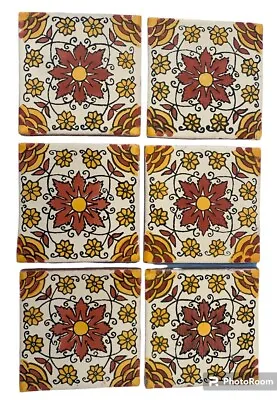 6 Ceramic Terra Cotta Wall Tiles 4.25  Decorative Mediterranean Floral • $20