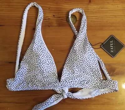 NWT- ZAFUL White W/ Black Dots Plunge Bikini Top Size 6 Tie Back • £11.58