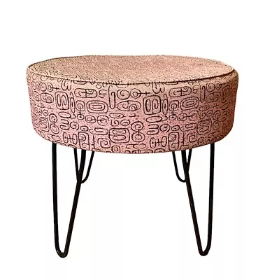 VTG 1950’s MCM Hairpin Legs Atomic Print Ottoman Footstool Pink Vinyl Upholstery • $259