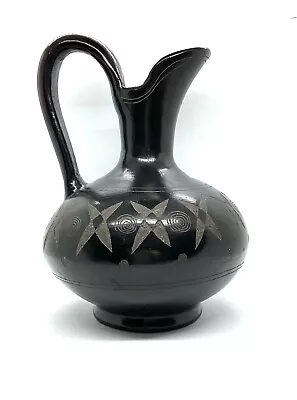 E-Mateos Mexican Black Etched Pottery Pitcher Vase Vintage 9 Inch Handmade • $39.99