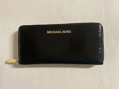 Michael Kors Black Textured Patent Leather Zip Around Wallet • $45