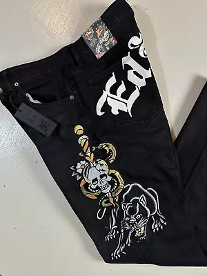 Ed Hardy Men 34 X 32 Black Slim Denim Jeans Embroidered Skull Snake Panther NEW • $44.95