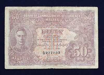 1941 Malaya 50 Cents Banknote Catalogue # P10a P10 VG Very Good Circulated • $27.95