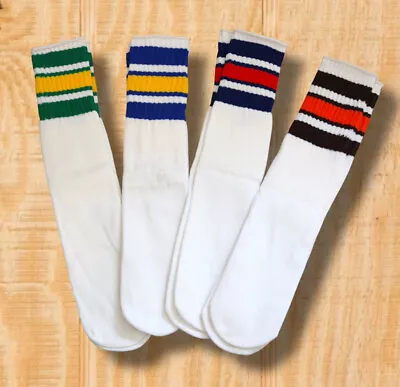 VINTAGE 80s NOS 4 PAIR LOT HIGH HI STRIPED TUBE SOCKS WHITE CLASSIC TEAM COLORS • $59.99