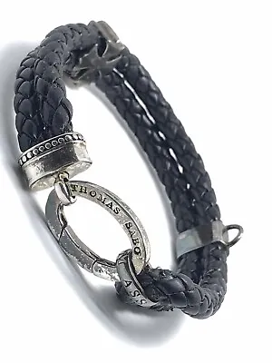 Thomas Sabo Large Black Leather & Sterling Bracelet With Charm Carrier 8.5” • $252.91