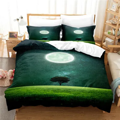 Full Moon Quiet Night Sky Quilt Cover Pillowcase Color Queen Comfort Bedding Set • $38.47