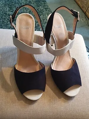 Black And Cream Ladies Strappy Stiletto Sandal Faith Size 8 Silver Heel • £10