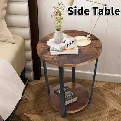 Side Table Retro 2-Tier Wooden Industrial Style Round Coffee Table Living Room • $64.95