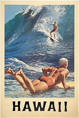 Original Vintage Poster HAWAII Hawaiian Surfing Travel Tourism Chas Allen LINEN • $1199