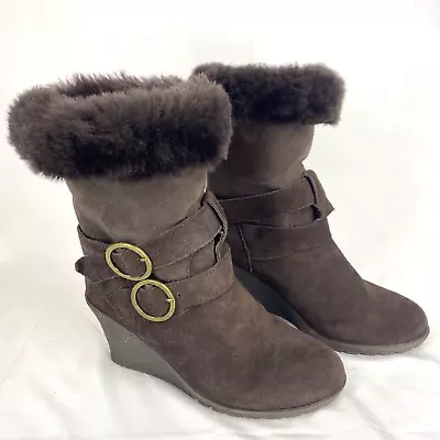 Zippy Boots Womens Real Sheepskin Brown Suede Boot Wedge Heel Comfortable UK 5 • £16