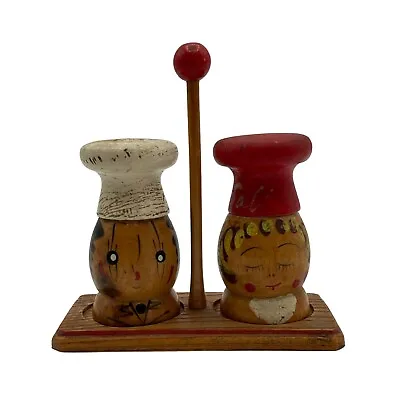 Vintage Wooden Chef Salt And Pepper Shakers With Stand • $9.99
