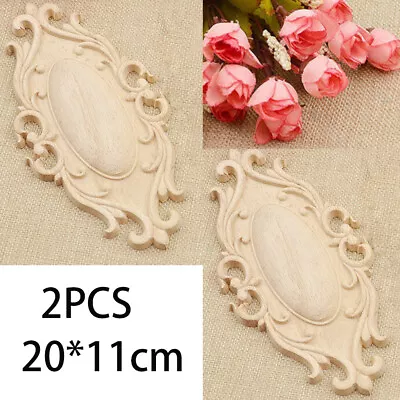 2x Oval Wood Carved Applique Corner Onlay Unpainted Furniture Figurines Decor • $13.59