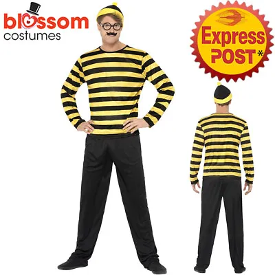 CL954 Odlaw Where's Wally Mens Yellow Waldo Cartoon Costume Book Week Outfit • $37.95