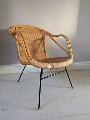 Danish Basket Chair Mid Century Rattan Arm Chair Metal Brass Feet FREE POSTAGE  • £575